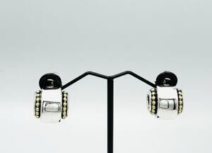Lagos Caviar 925 Sterling Silver 18K Yellow Gold Huggie Hoop Post Earrings